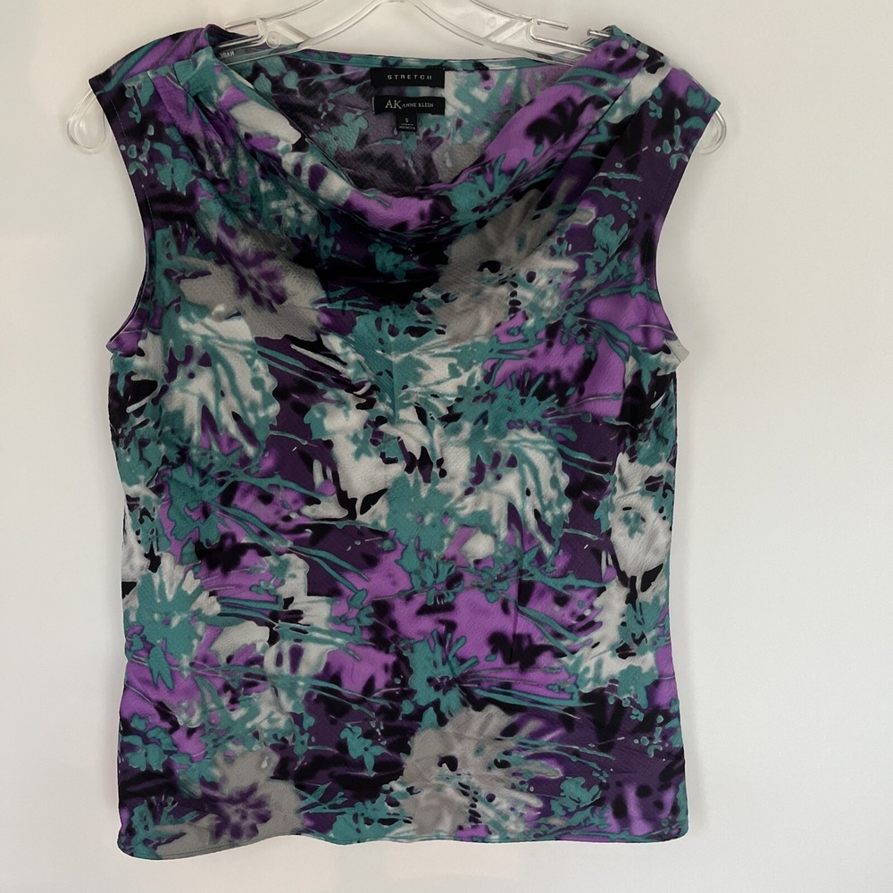 Anne Klein Top Womens Small Blouse Stretch Purple Black Teal Cowl Ruching